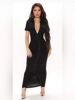 Black Button-Front Ruched Maxi Dress